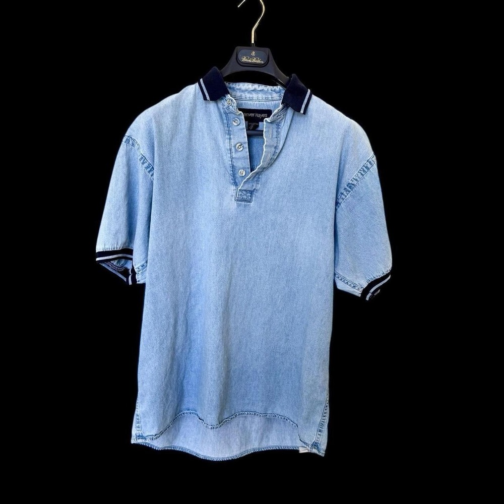 Vintage 90's Denver Hayes Blue Denim Polo Shirt Men's Sz Medium Faded Golf